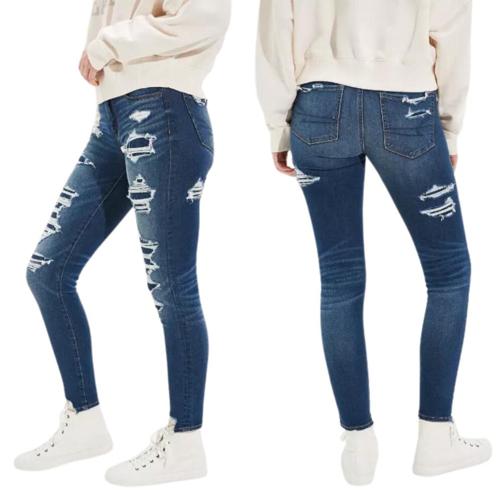 American Eagle Jeans Super Hi Rise Jegging Distressed Medium Wash Size 6 SHORT